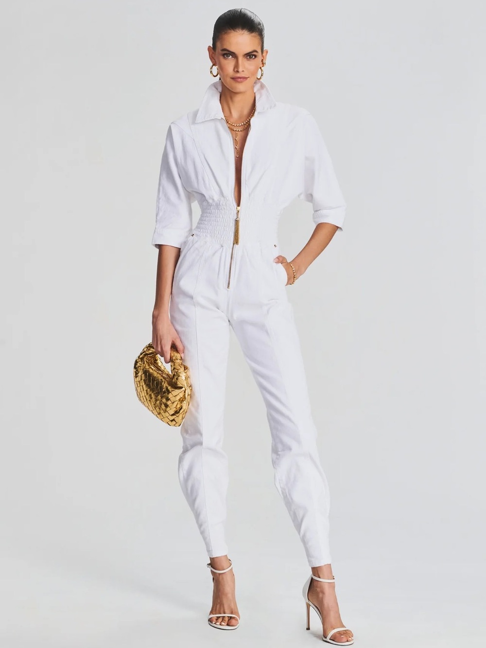 Retrofete Ellis White Denim Smocked Waist Zip Front Jumpsuit